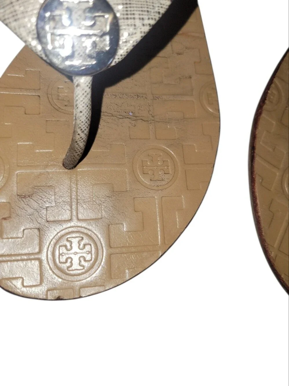 Tory Burch Thora  Metallic Silver Straps Leather W/Gold Logo Thong Sandals 8M